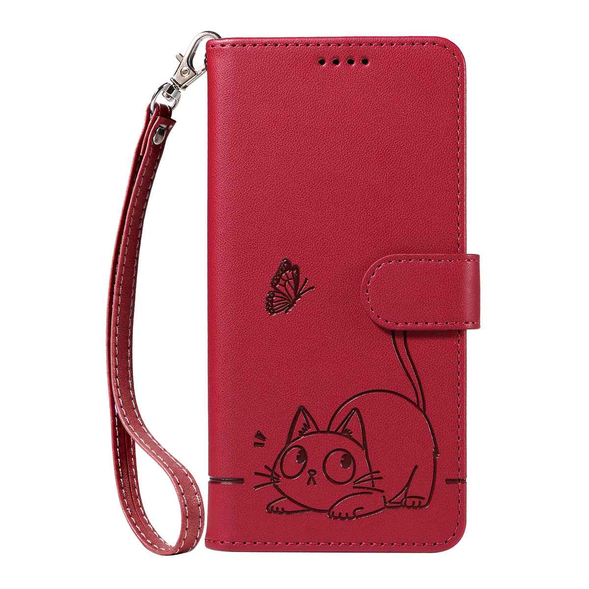 For Xiaomi 17 Pro Case Cat Pattern Imprint Leather Phone Cover with Wrist Strap - Red