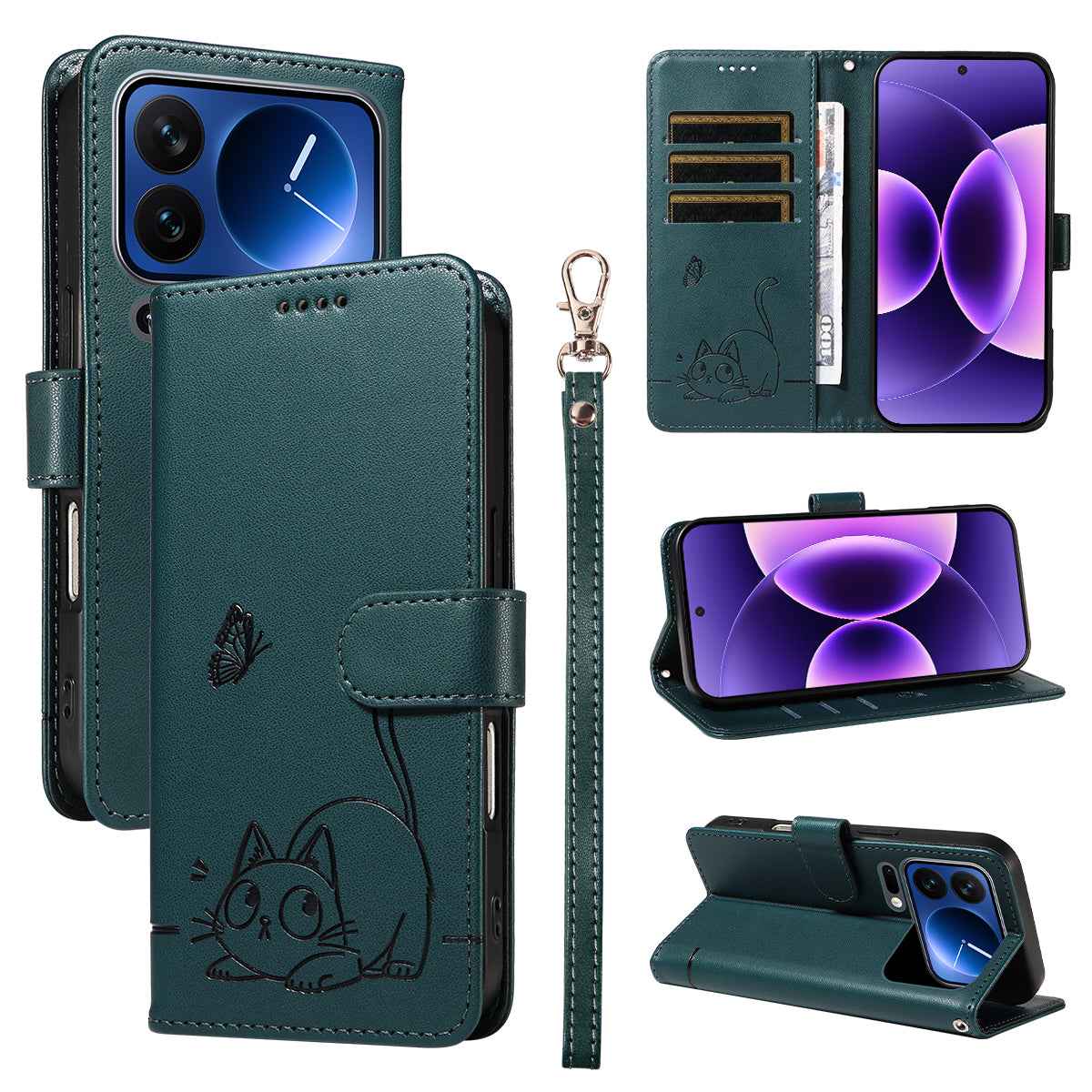 For Xiaomi 17 Pro Case Cat Pattern Imprint Leather Phone Cover with Wrist Strap - Blue