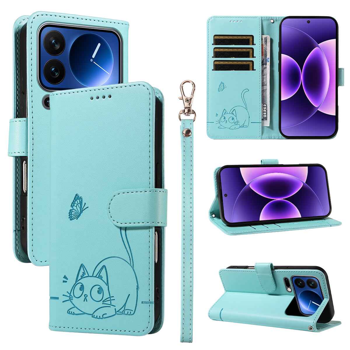 For Xiaomi 17 Pro Case Cat Pattern Imprint Leather Phone Cover with Wrist Strap - Green