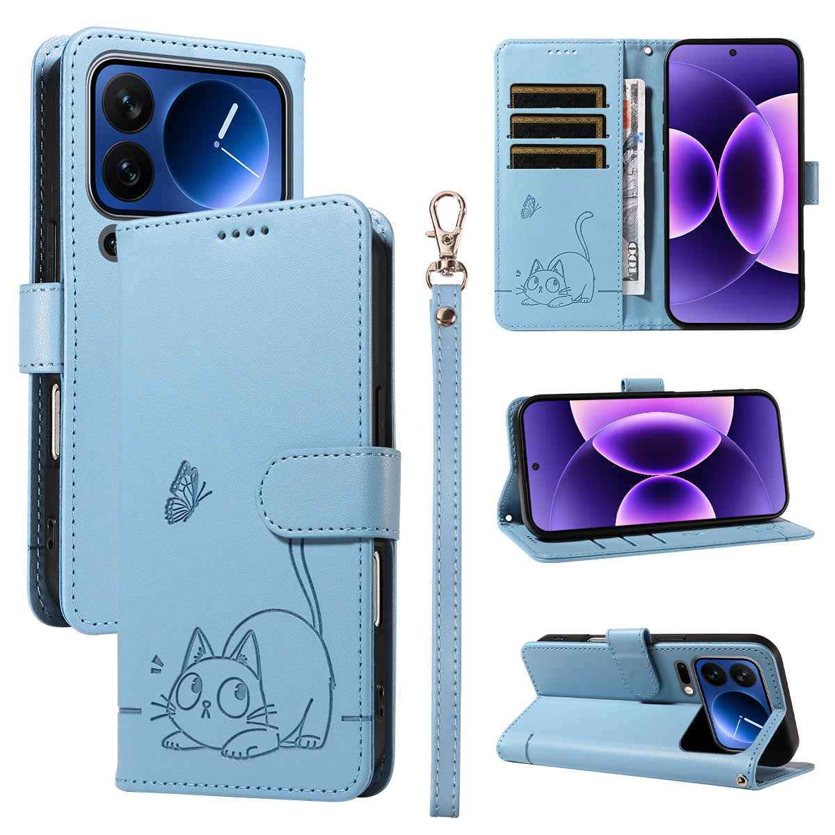 For Xiaomi 17 Pro Case Cat Pattern Imprint Leather Phone Cover with Wrist Strap - Sky Blue