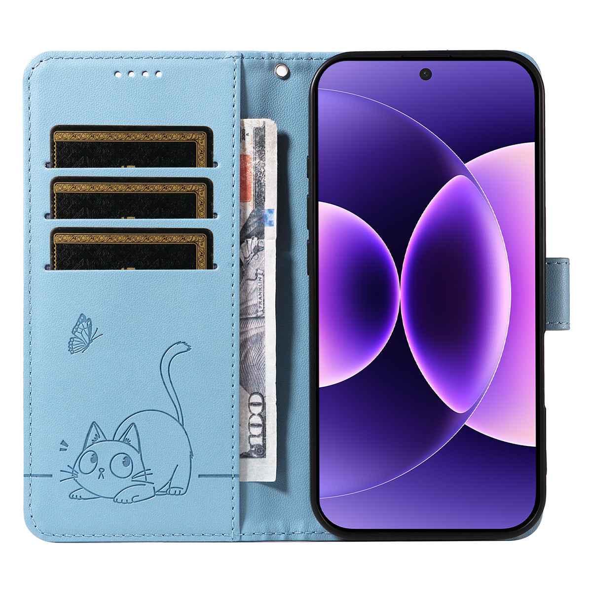 For Xiaomi 17 Pro Case Cat Pattern Imprint Leather Phone Cover with Wrist Strap - Sky Blue