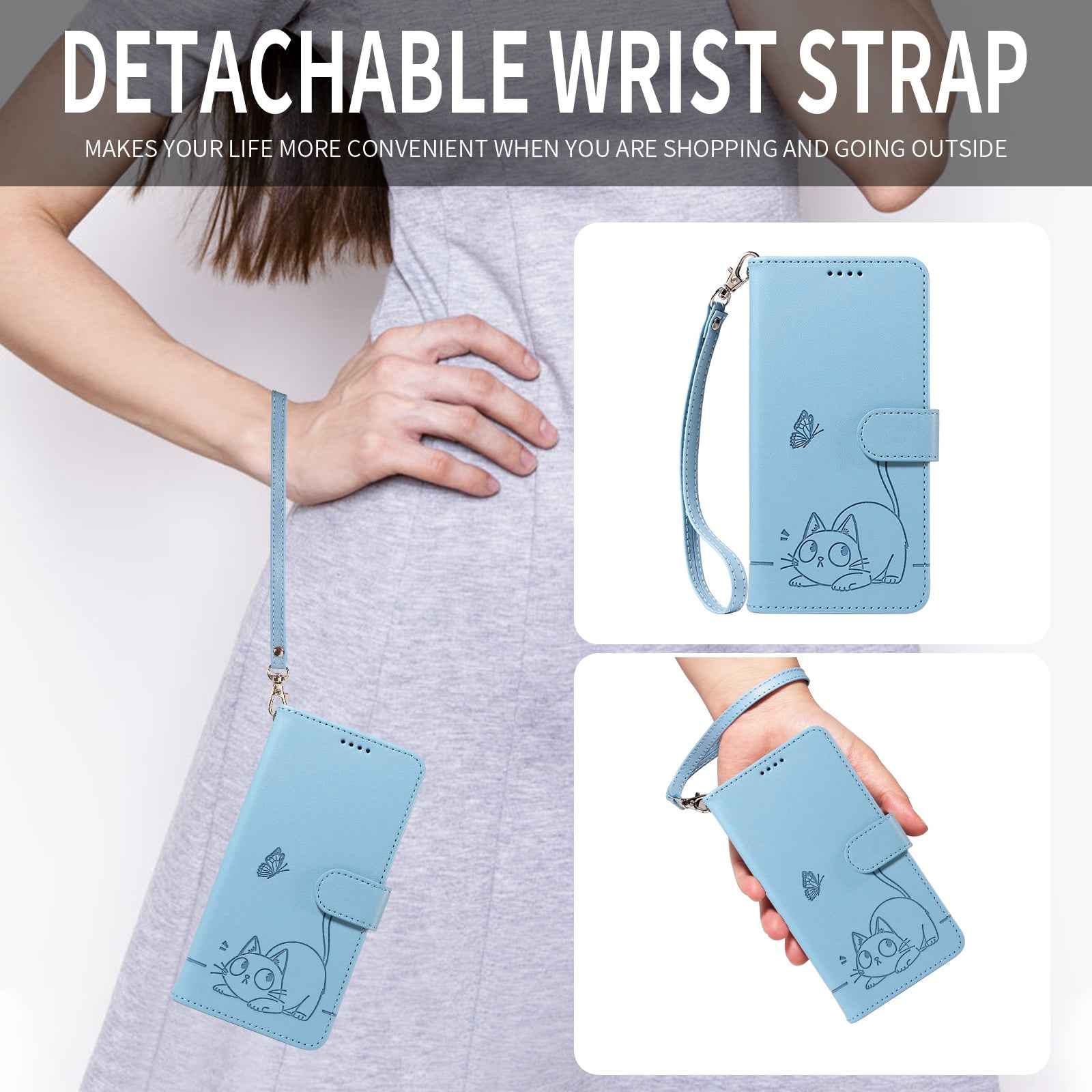 For Xiaomi 17 Pro Case Cat Pattern Imprint Leather Phone Cover with Wrist Strap - Sky Blue