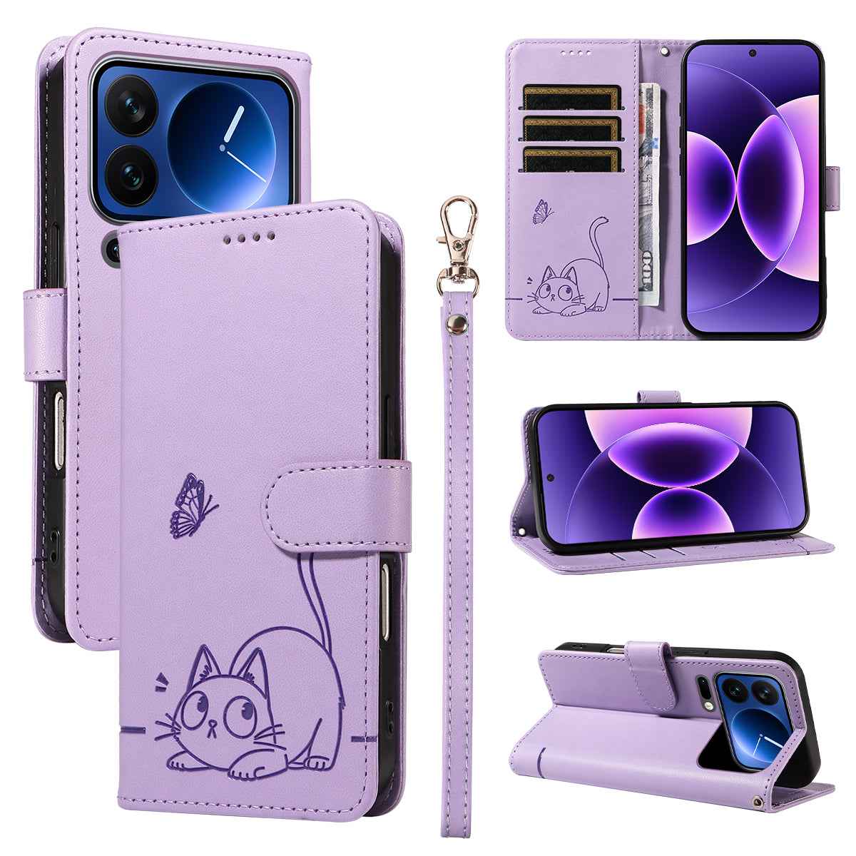 For Xiaomi 17 Pro Case Cat Pattern Imprint Leather Phone Cover with Wrist Strap - Purple