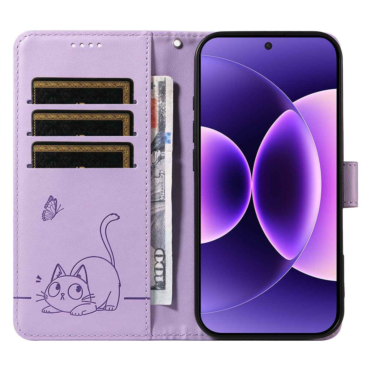 For Xiaomi 17 Pro Case Cat Pattern Imprint Leather Phone Cover with Wrist Strap - Purple