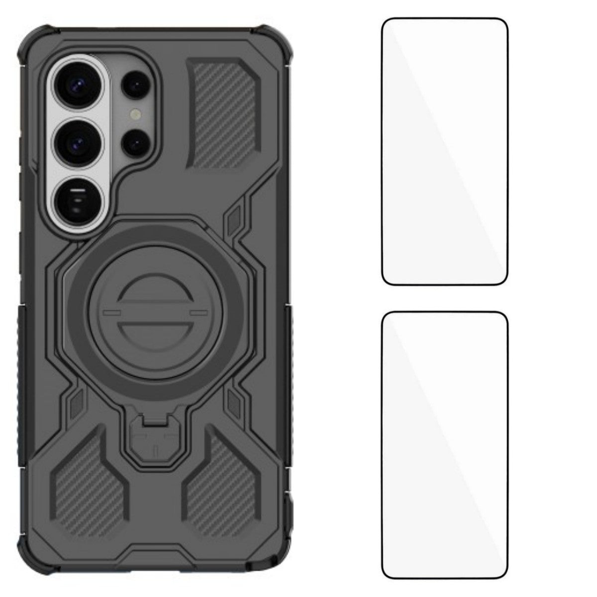 For-Samsung-Galaxy-S26-Ultra-Case-Kickstand-with-2Pcs-Screen-Film-WANLONFENG-KJ-Series-PC-TPU-Phone-Cover-(Big-Lens-Hole)-Black