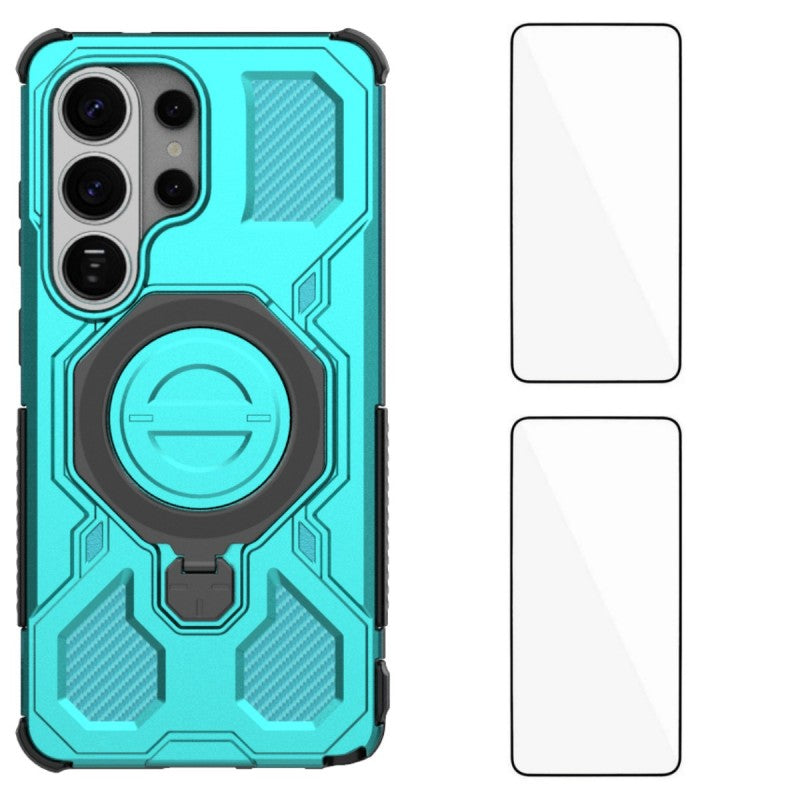 For-Samsung-Galaxy-S26-Ultra-Case-Kickstand-with-2Pcs-Screen-Film-WANLONFENG-KJ-Series-PC-TPU-Phone-Cover-(Big-Lens-Hole)-Green