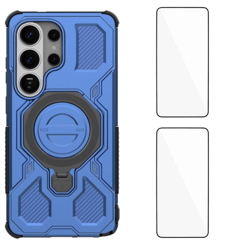 For-Samsung-Galaxy-S26-Ultra-Case-Kickstand-with-2Pcs-Screen-Film-WANLONFENG-KJ-Series-PC-TPU-Phone-Cover-(Big-Lens-Hole)-Blue