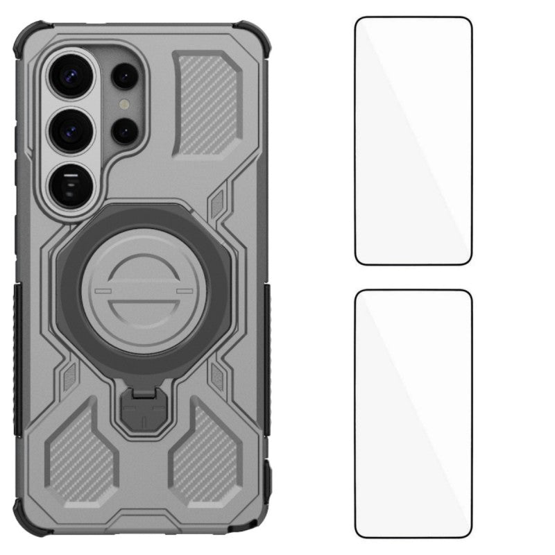 For-Samsung-Galaxy-S26-Ultra-Case-Kickstand-with-2Pcs-Screen-Film-WANLONFENG-KJ-Series-PC-TPU-Phone-Cover-(Big-Lens-Hole)-Grey