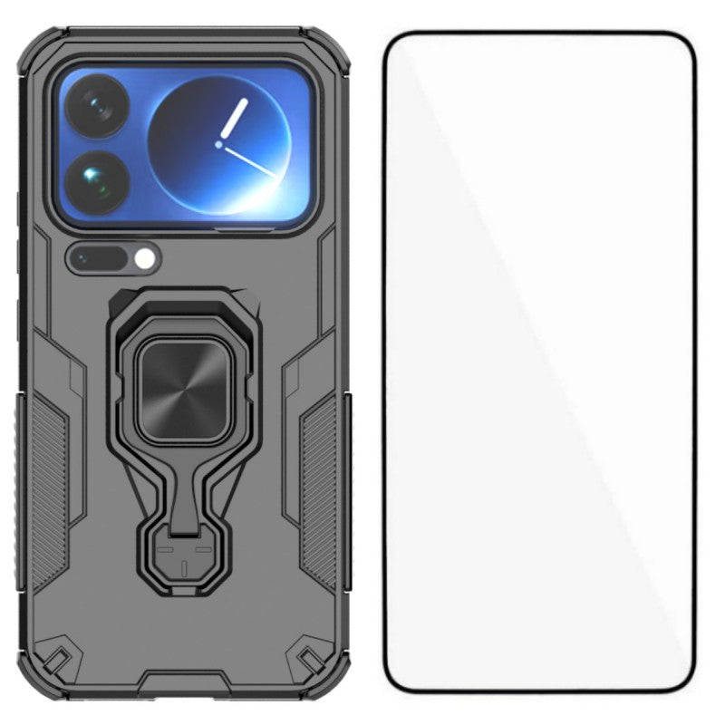 For Xiaomi 17 Pro Max Phone Case WANLONFENG PC TPU Back Cover Kickstand with Tempered Glass - Black