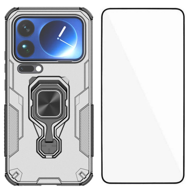 For Xiaomi 17 Pro Max Phone Case WANLONFENG PC TPU Back Cover Kickstand with Tempered Glass - Grey