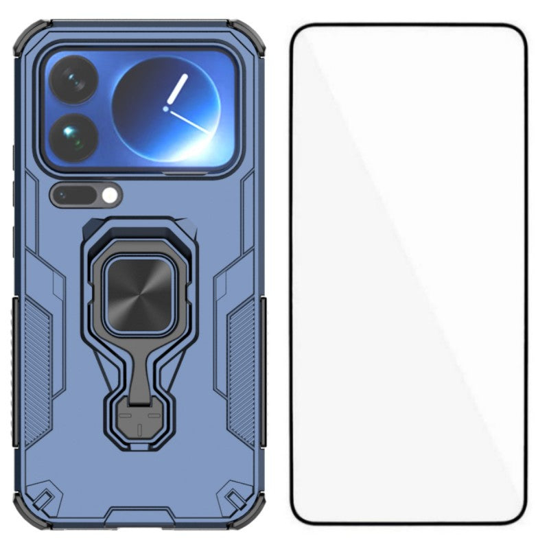 For Xiaomi 17 Pro Max Phone Case WANLONFENG PC TPU Back Cover Kickstand with Tempered Glass - Blue
