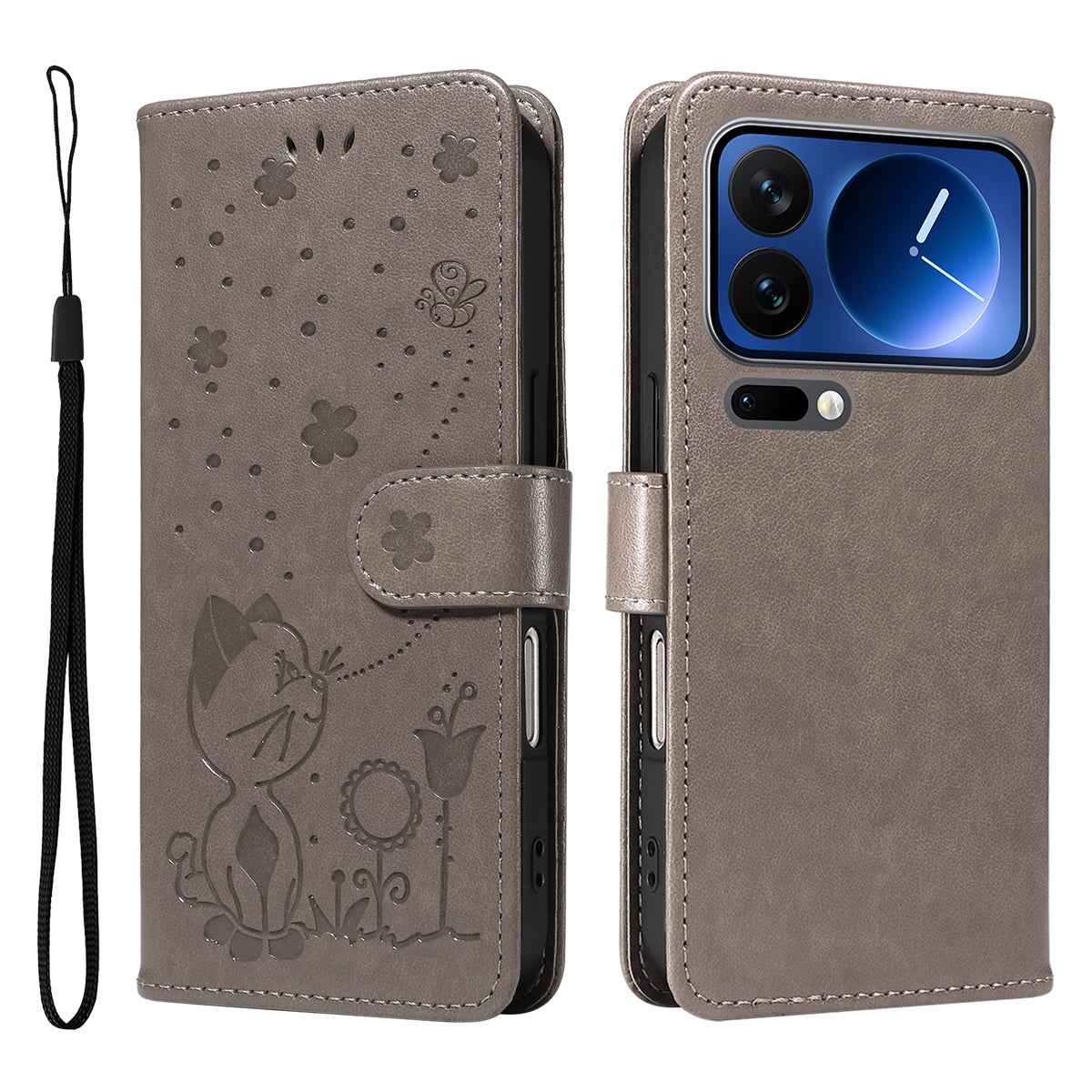 For Xiaomi 17 Pro Leather Wallet Case Cat Bee Pattern Phone Cover Stand - Grey