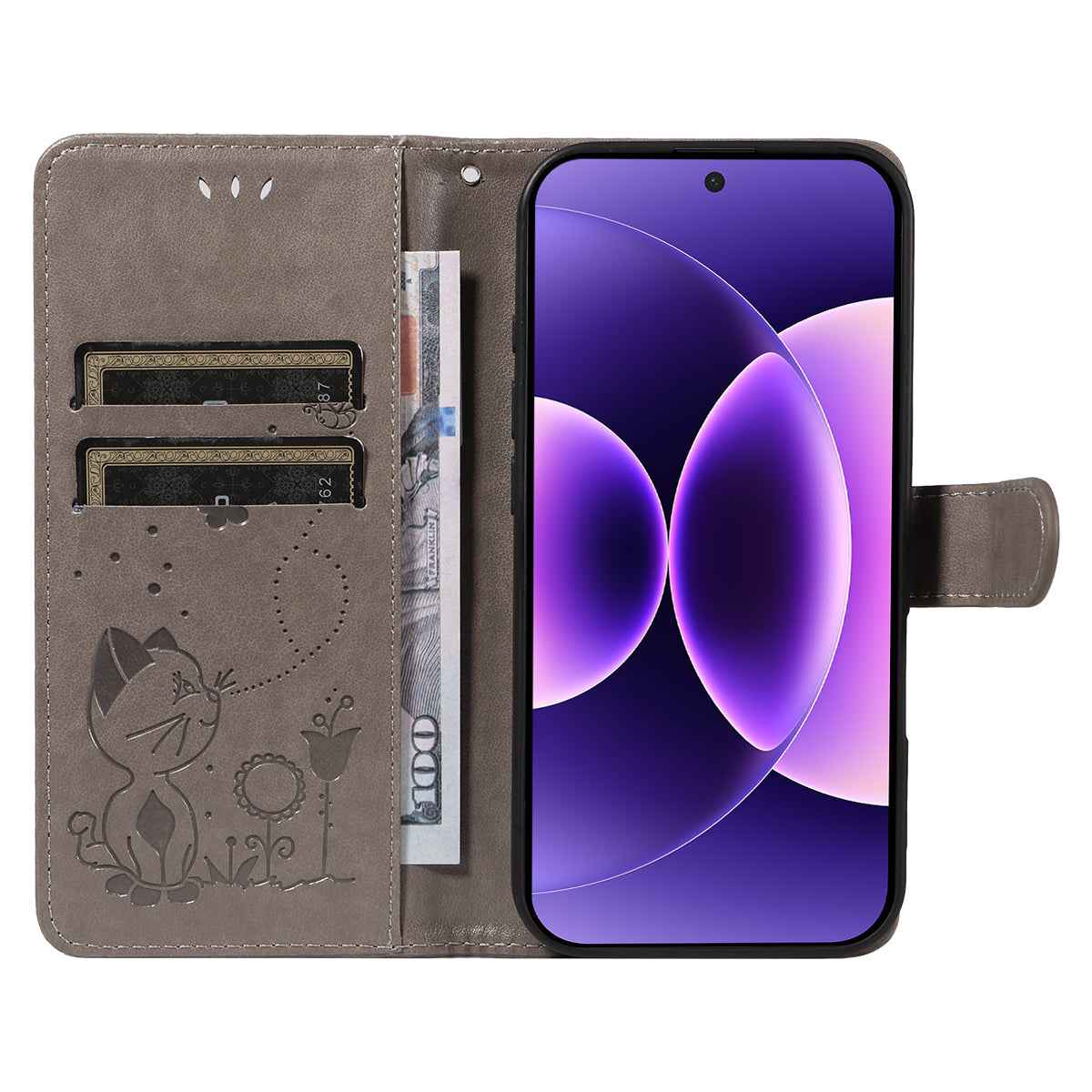 For Xiaomi 17 Pro Leather Wallet Case Cat Bee Pattern Phone Cover Stand - Grey