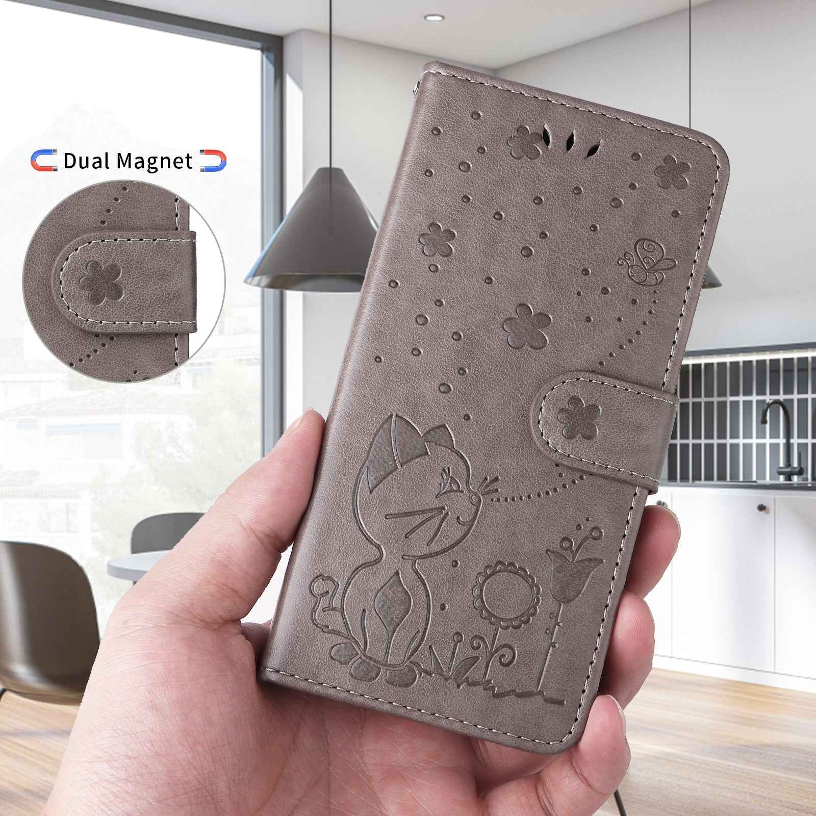 For Xiaomi 17 Pro Leather Wallet Case Cat Bee Pattern Phone Cover Stand - Grey