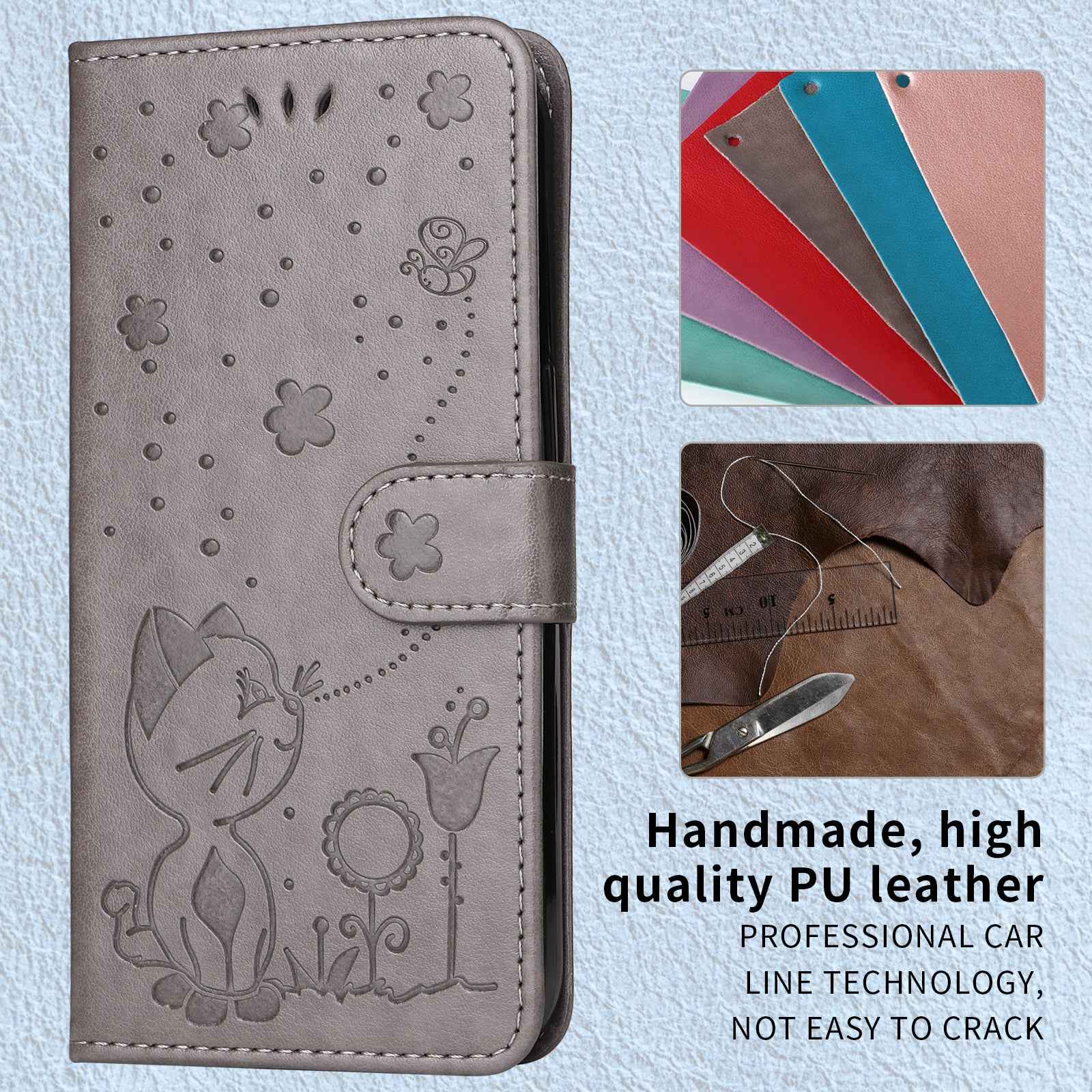 For Xiaomi 17 Pro Leather Wallet Case Cat Bee Pattern Phone Cover Stand - Grey