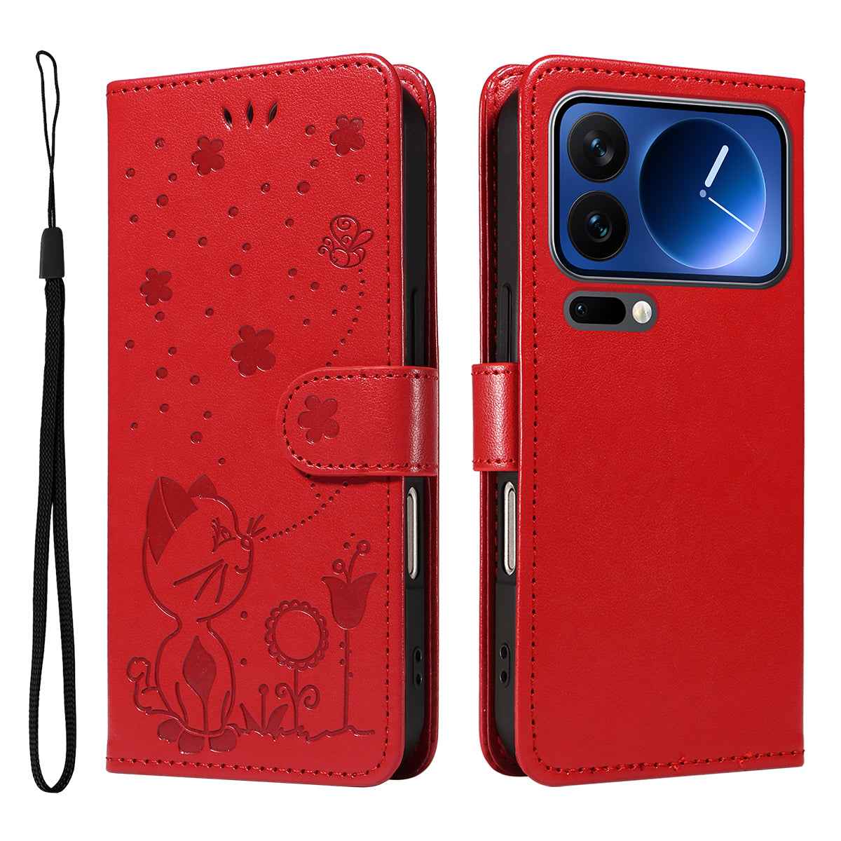 For Xiaomi 17 Pro Leather Wallet Case Cat Bee Pattern Phone Cover Stand - Red