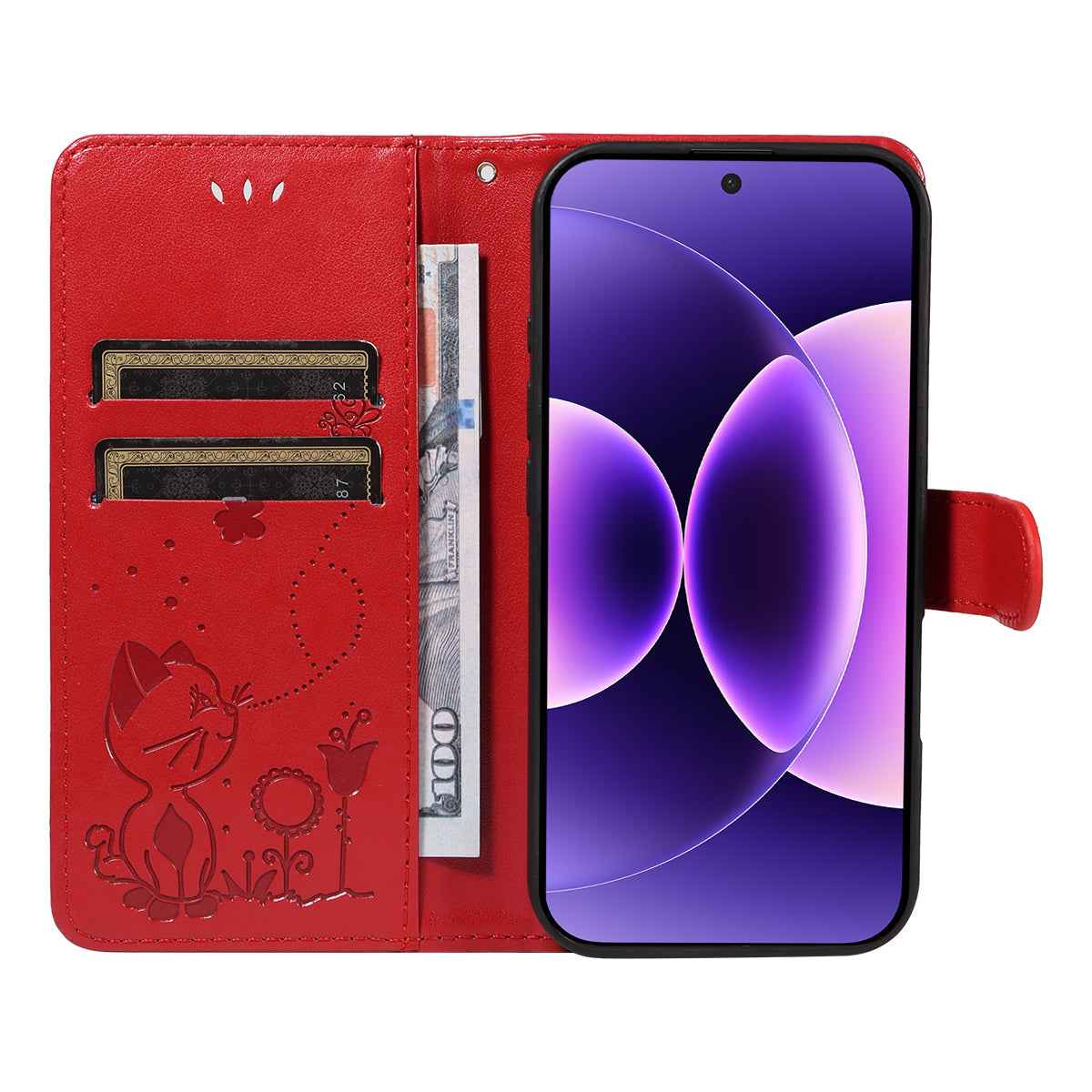 For Xiaomi 17 Pro Leather Wallet Case Cat Bee Pattern Phone Cover Stand - Red