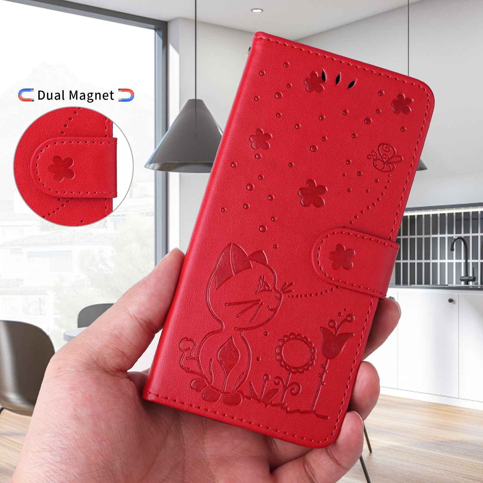 For Xiaomi 17 Pro Leather Wallet Case Cat Bee Pattern Phone Cover Stand - Red