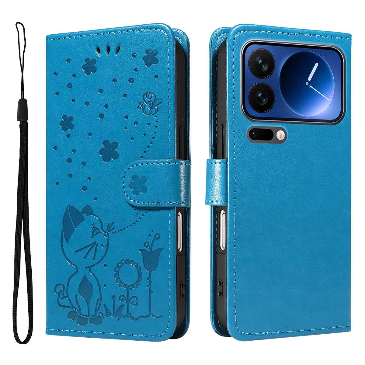 For Xiaomi 17 Pro Leather Wallet Case Cat Bee Pattern Phone Cover Stand - Blue