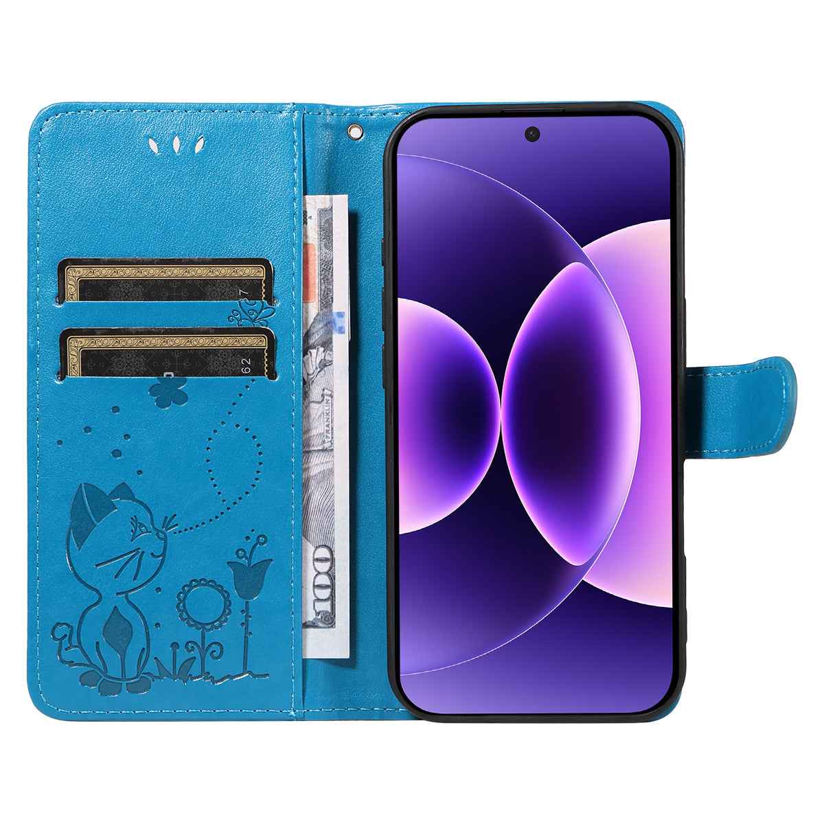For Xiaomi 17 Pro Leather Wallet Case Cat Bee Pattern Phone Cover Stand - Blue