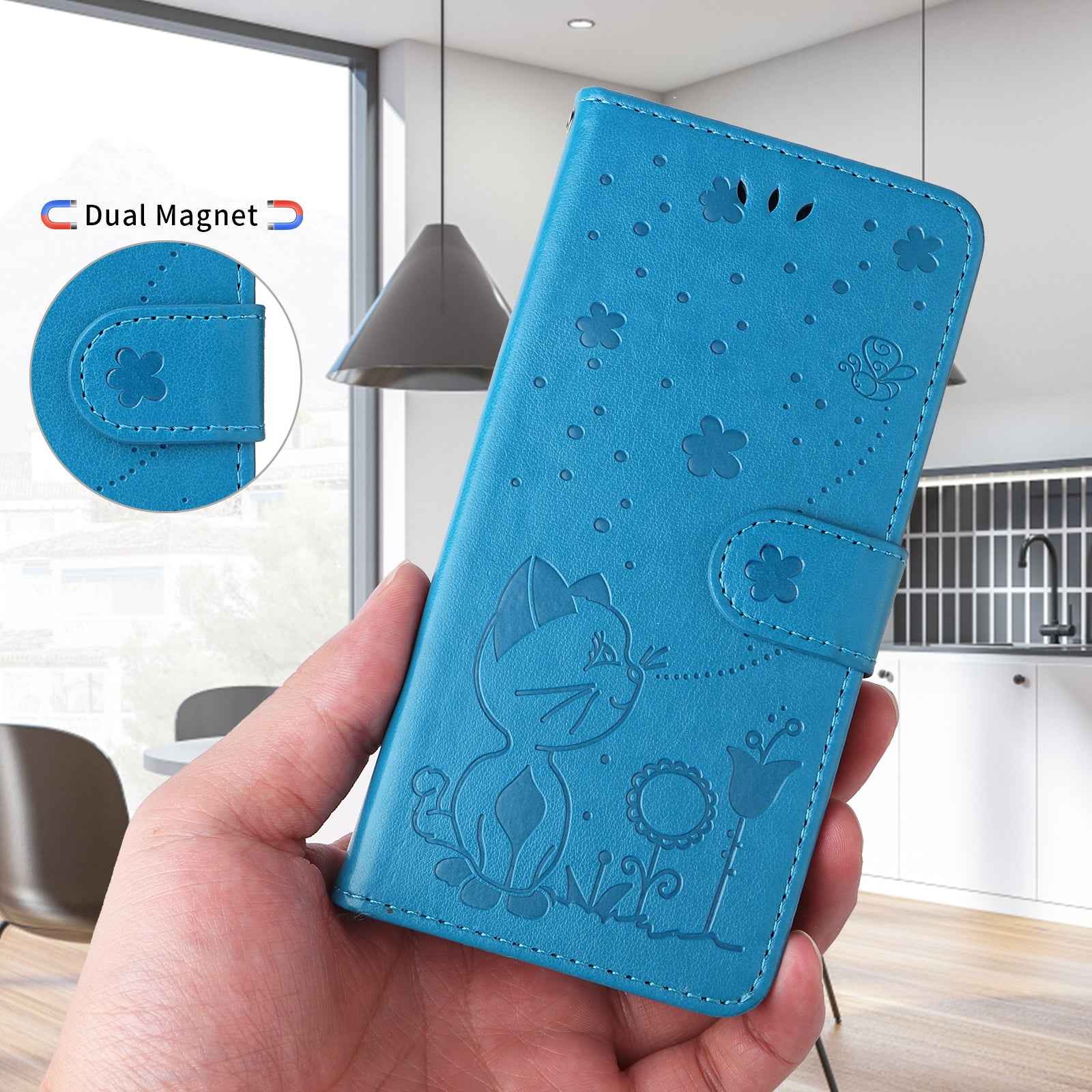For Xiaomi 17 Pro Leather Wallet Case Cat Bee Pattern Phone Cover Stand - Blue