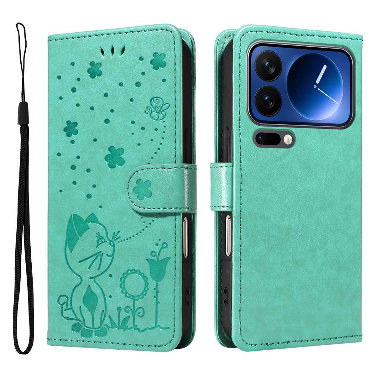 For Xiaomi 17 Pro Leather Wallet Case Cat Bee Pattern Phone Cover Stand - Green