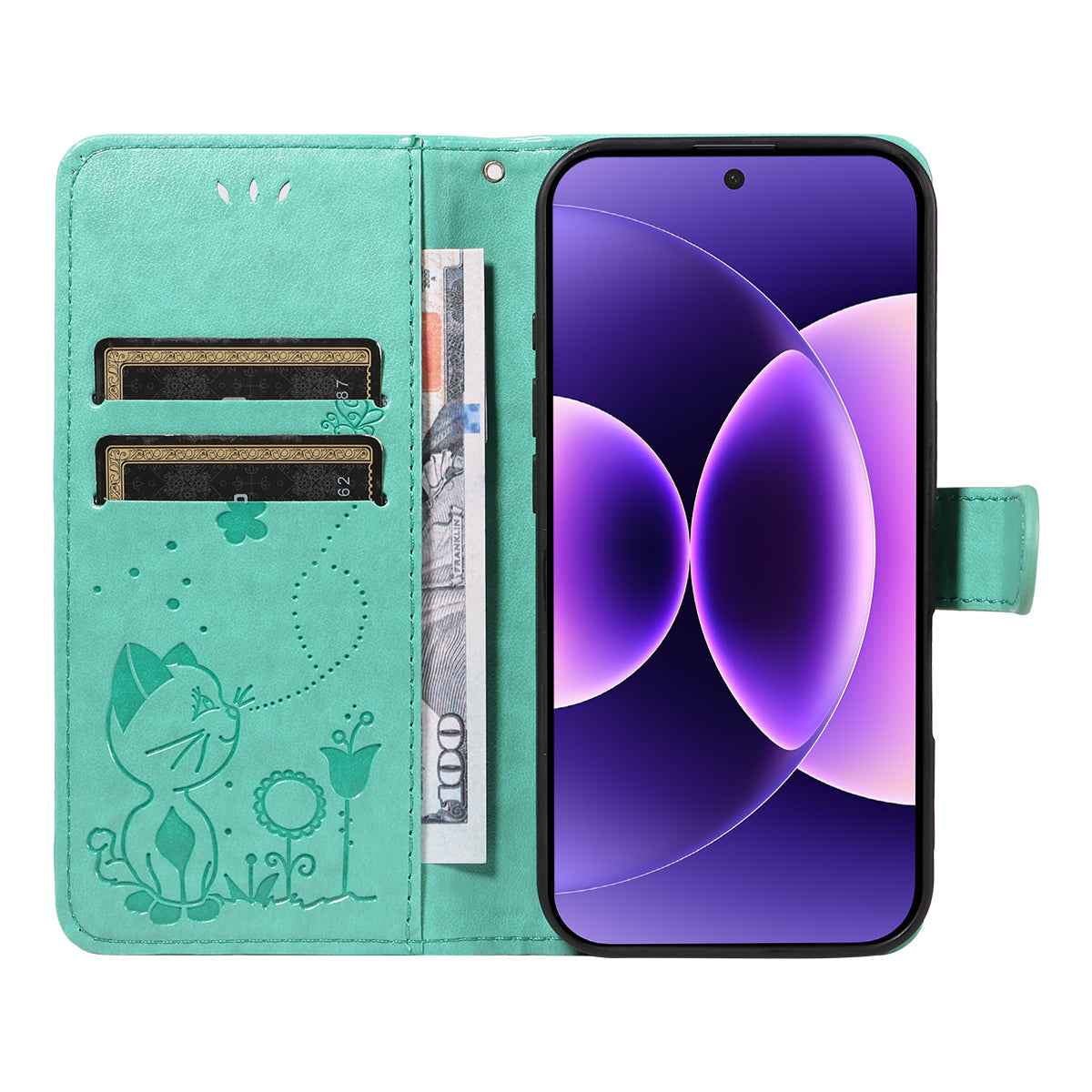 For Xiaomi 17 Pro Leather Wallet Case Cat Bee Pattern Phone Cover Stand - Green