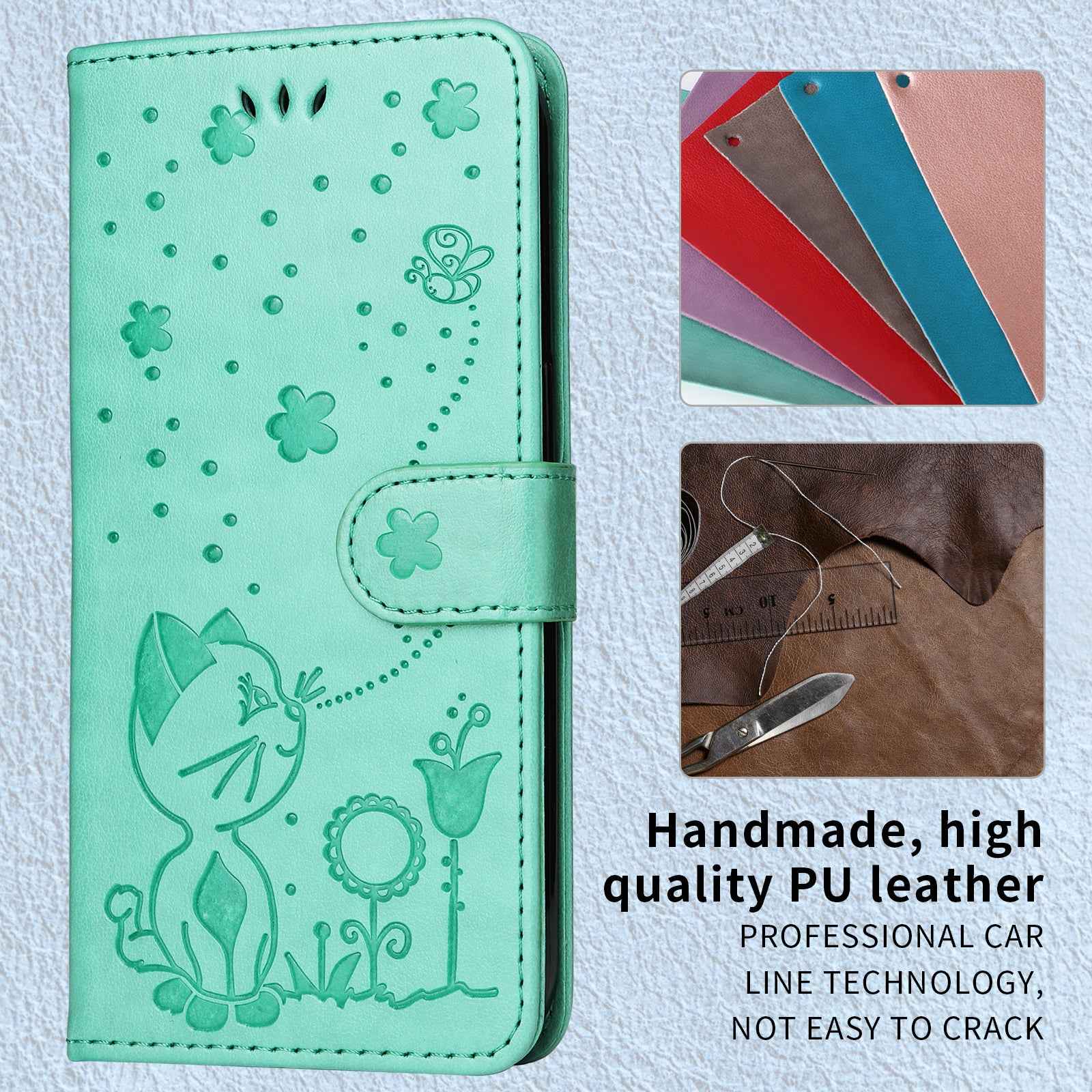 For Xiaomi 17 Pro Leather Wallet Case Cat Bee Pattern Phone Cover Stand - Green
