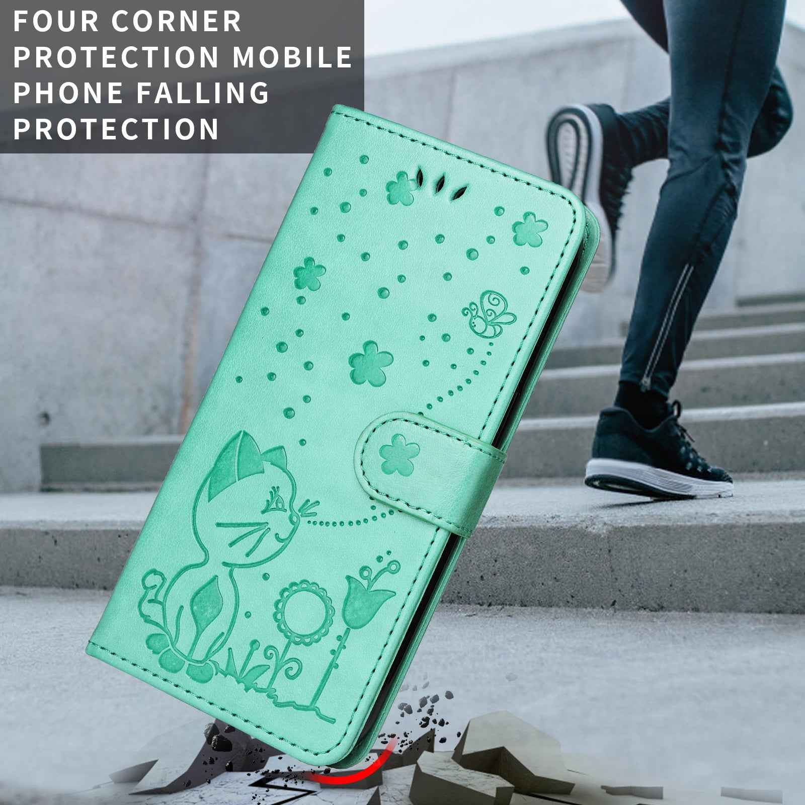 For Xiaomi 17 Pro Leather Wallet Case Cat Bee Pattern Phone Cover Stand - Green
