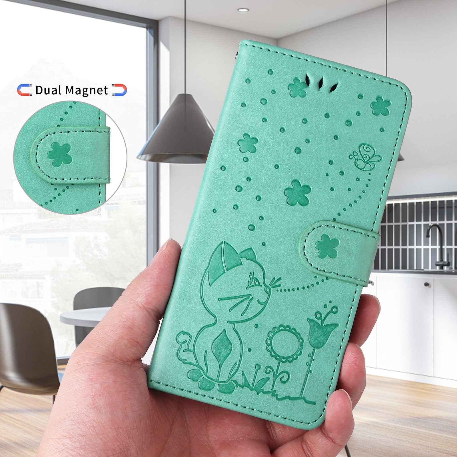 For Xiaomi 17 Pro Leather Wallet Case Cat Bee Pattern Phone Cover Stand - Green