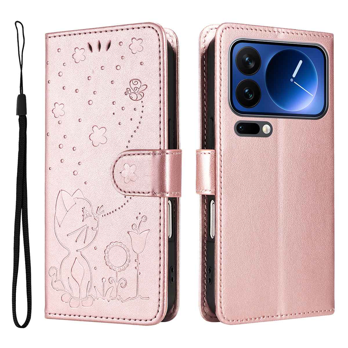 For Xiaomi 17 Pro Leather Wallet Case Cat Bee Pattern Phone Cover Stand - Rose Gold