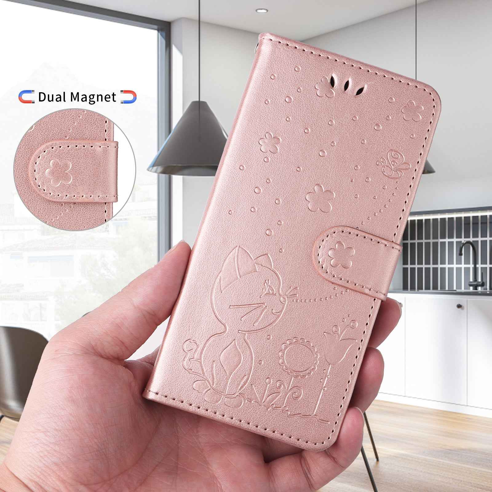 For Xiaomi 17 Pro Leather Wallet Case Cat Bee Pattern Phone Cover Stand - Rose Gold
