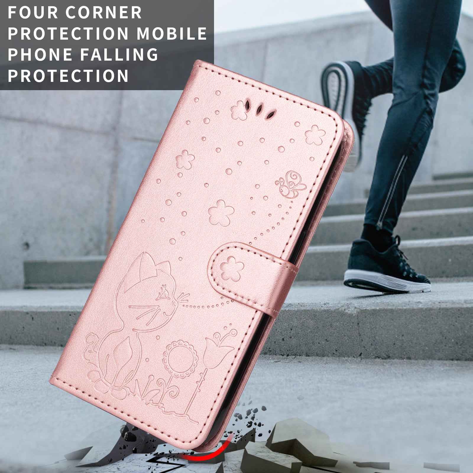 For Xiaomi 17 Pro Leather Wallet Case Cat Bee Pattern Phone Cover Stand - Rose Gold