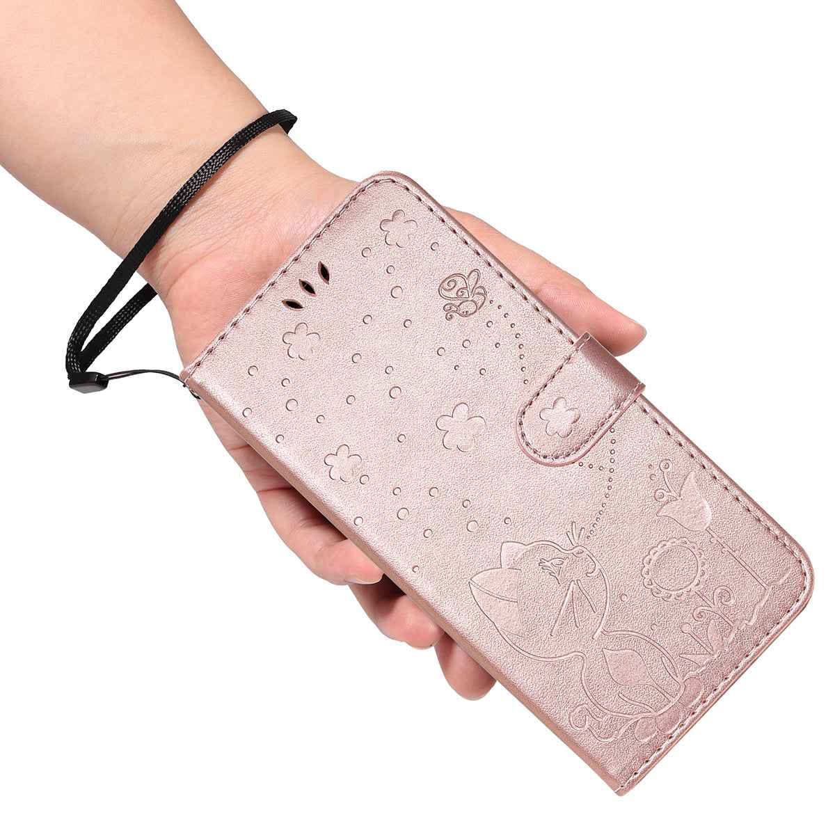 For Xiaomi 17 Pro Leather Wallet Case Cat Bee Pattern Phone Cover Stand - Rose Gold