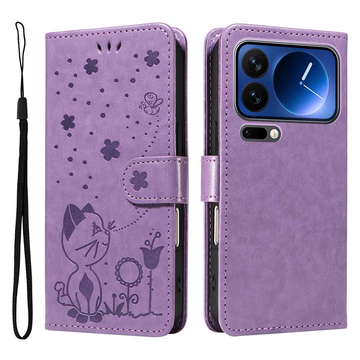 For Xiaomi 17 Pro Leather Wallet Case Cat Bee Pattern Phone Cover Stand - Purple