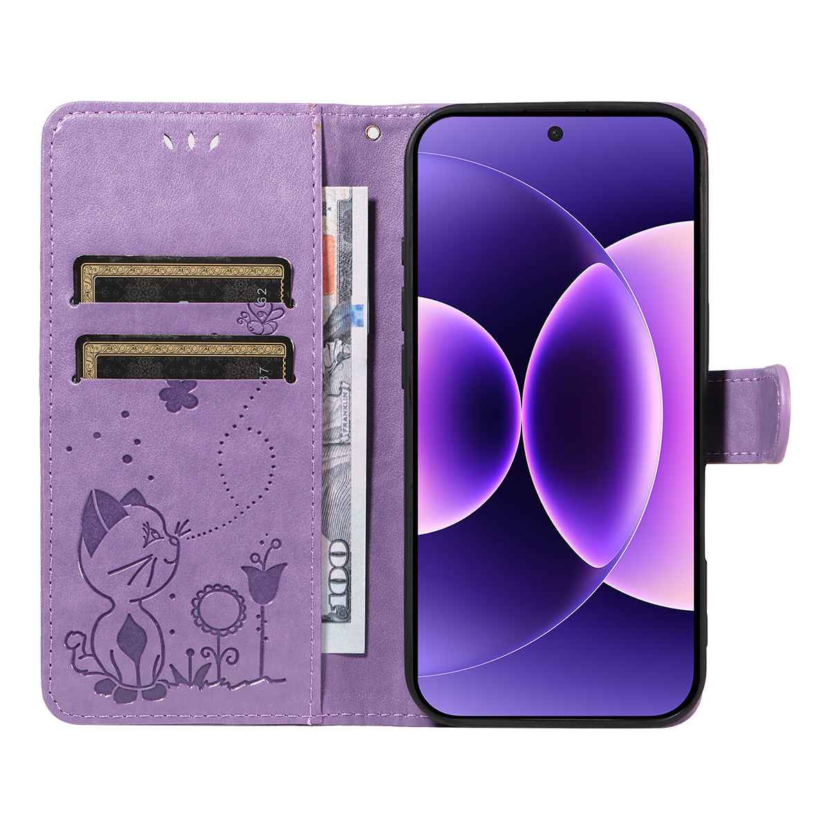 For Xiaomi 17 Pro Leather Wallet Case Cat Bee Pattern Phone Cover Stand - Purple