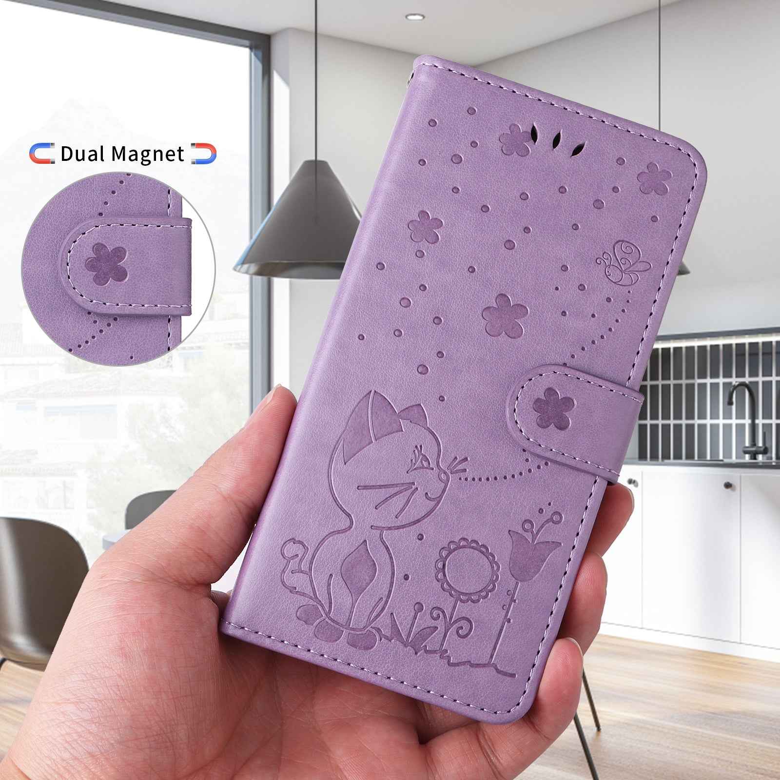 For Xiaomi 17 Pro Leather Wallet Case Cat Bee Pattern Phone Cover Stand - Purple