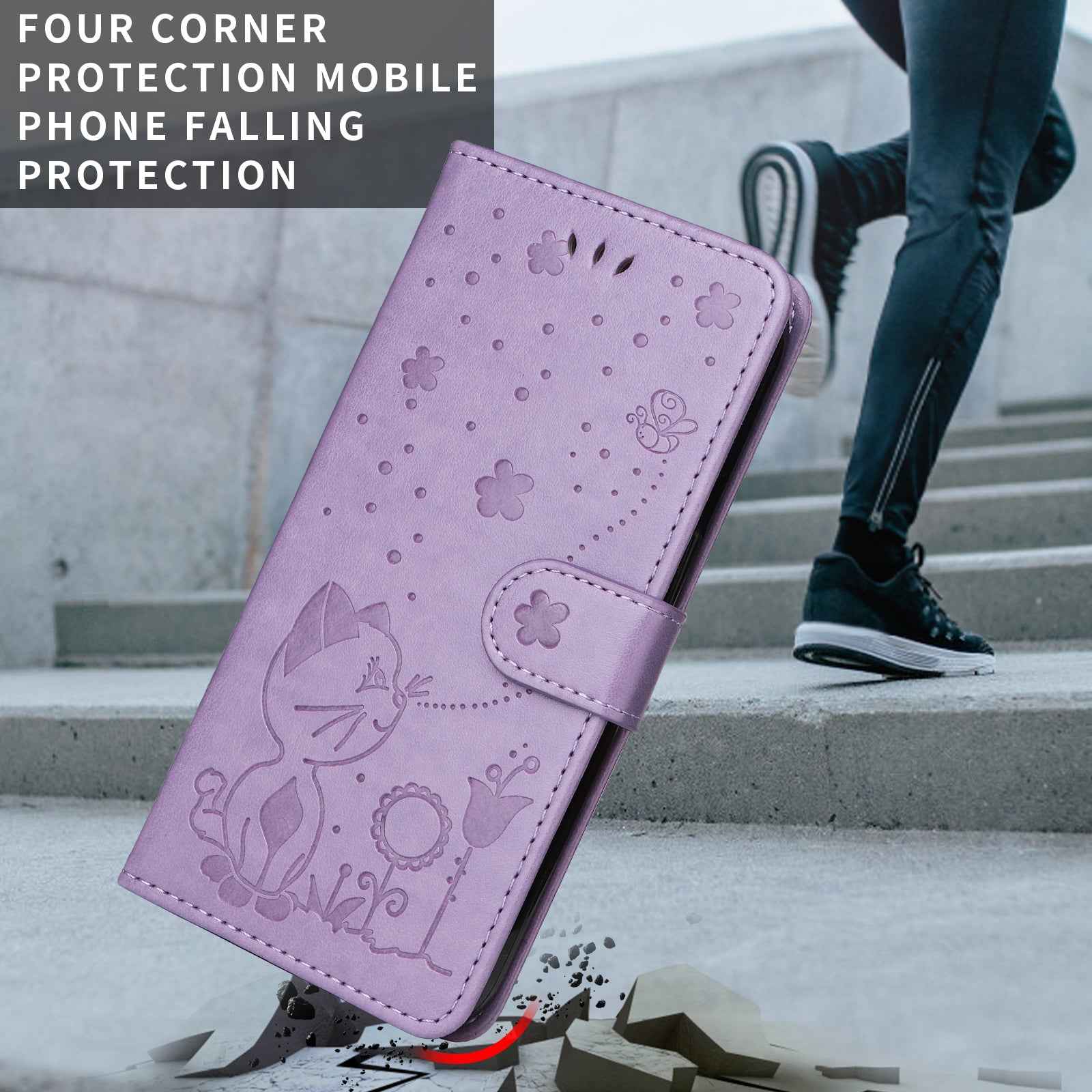 For Xiaomi 17 Pro Leather Wallet Case Cat Bee Pattern Phone Cover Stand - Purple