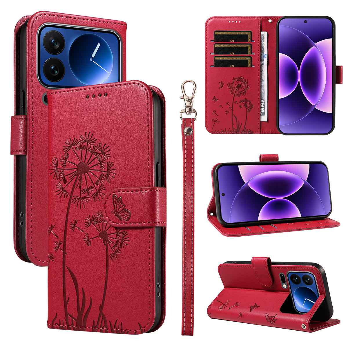 For Xiaomi 17 Pro Leather Wallet Case with Strap Dandelion Imprint Phone Stand Cover - Red