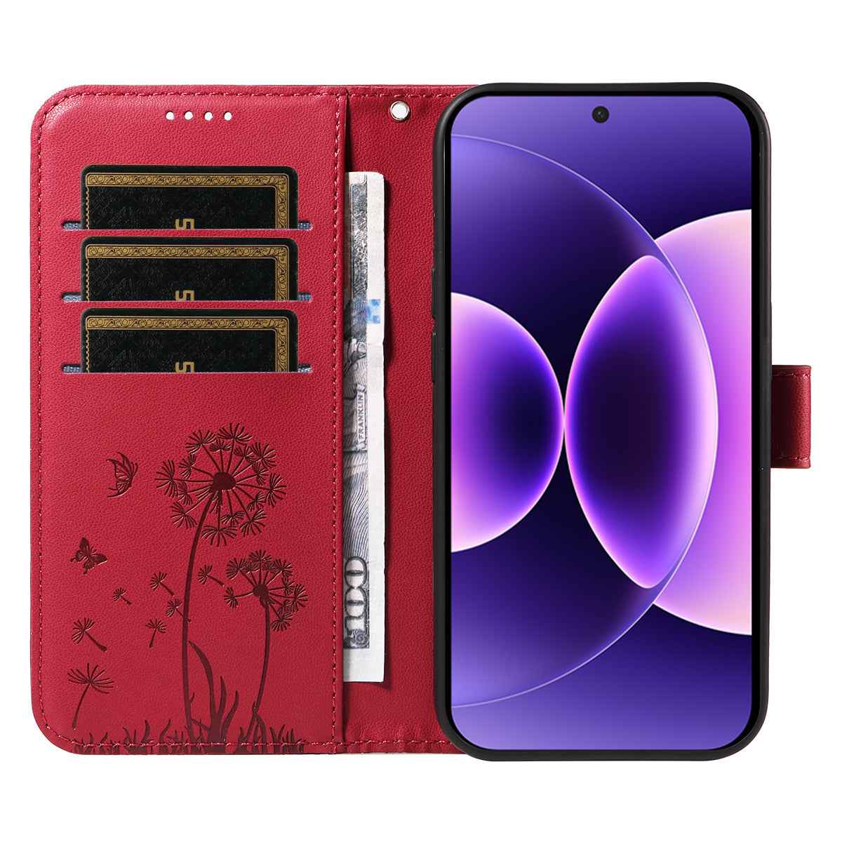 For Xiaomi 17 Pro Leather Wallet Case with Strap Dandelion Imprint Phone Stand Cover - Red