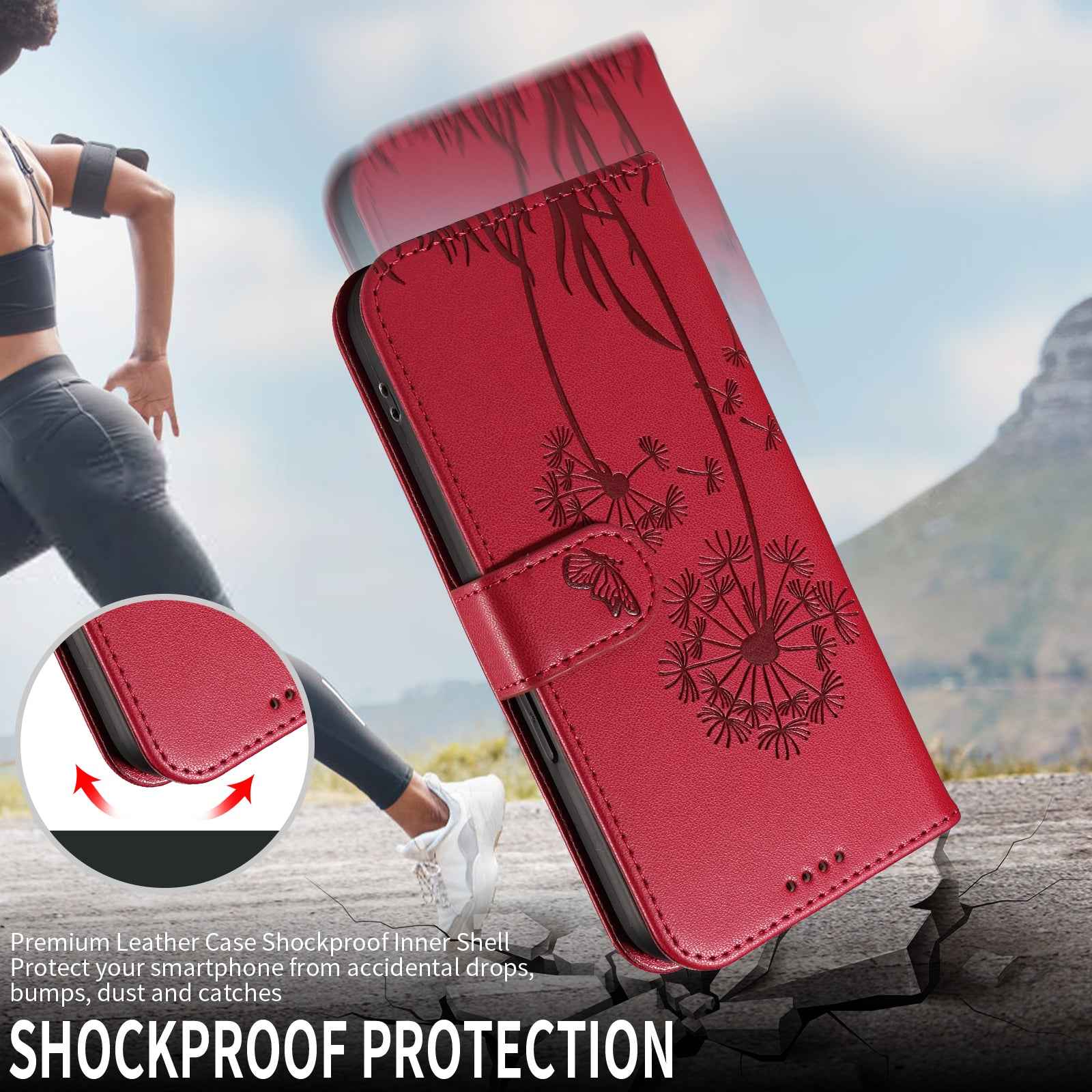 For Xiaomi 17 Pro Leather Wallet Case with Strap Dandelion Imprint Phone Stand Cover - Red