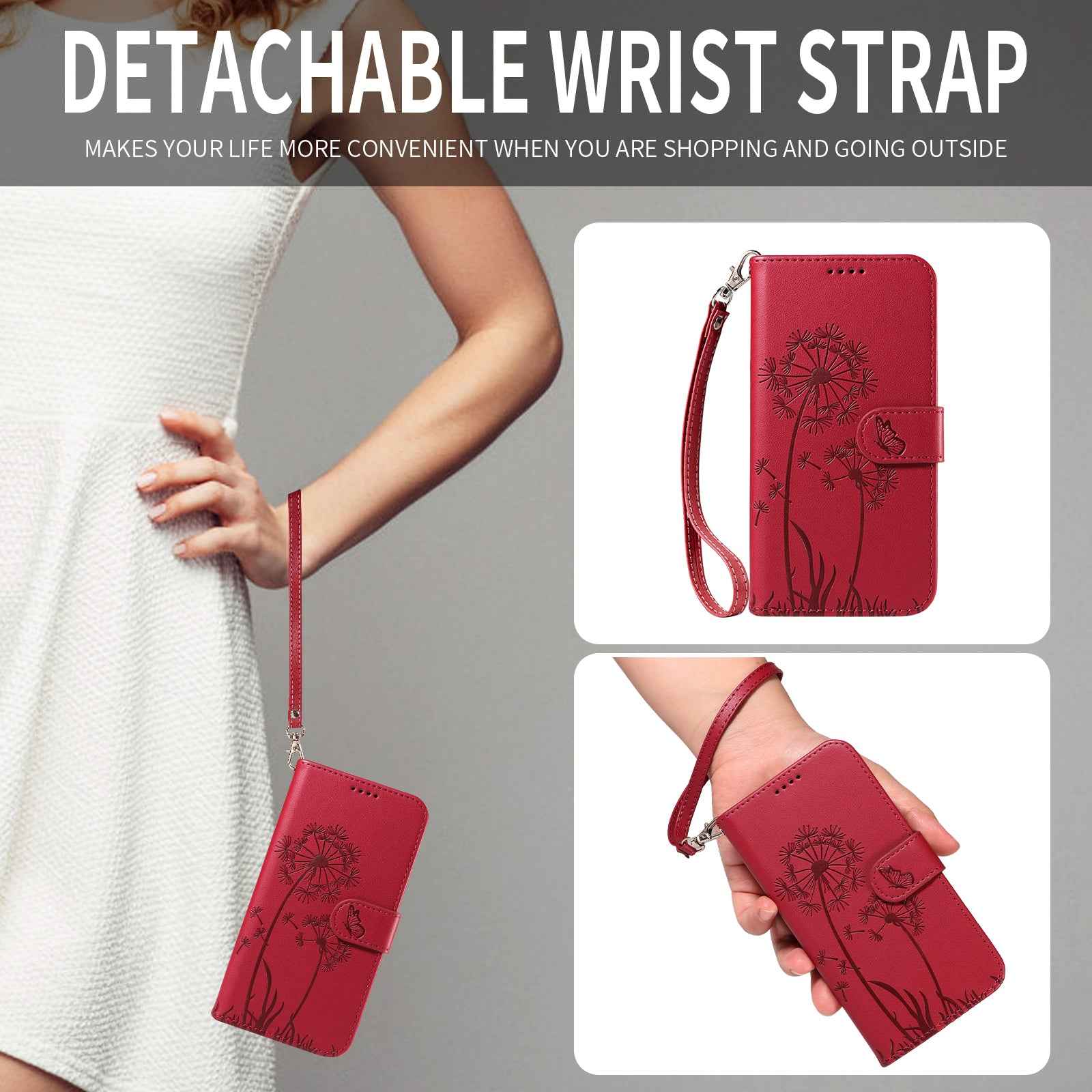 For Xiaomi 17 Pro Leather Wallet Case with Strap Dandelion Imprint Phone Stand Cover - Red