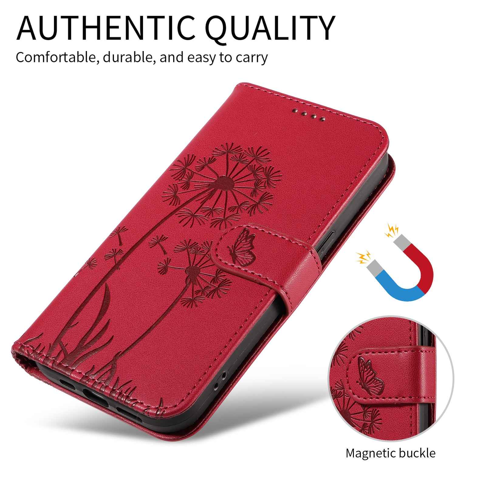 For Xiaomi 17 Pro Leather Wallet Case with Strap Dandelion Imprint Phone Stand Cover - Red