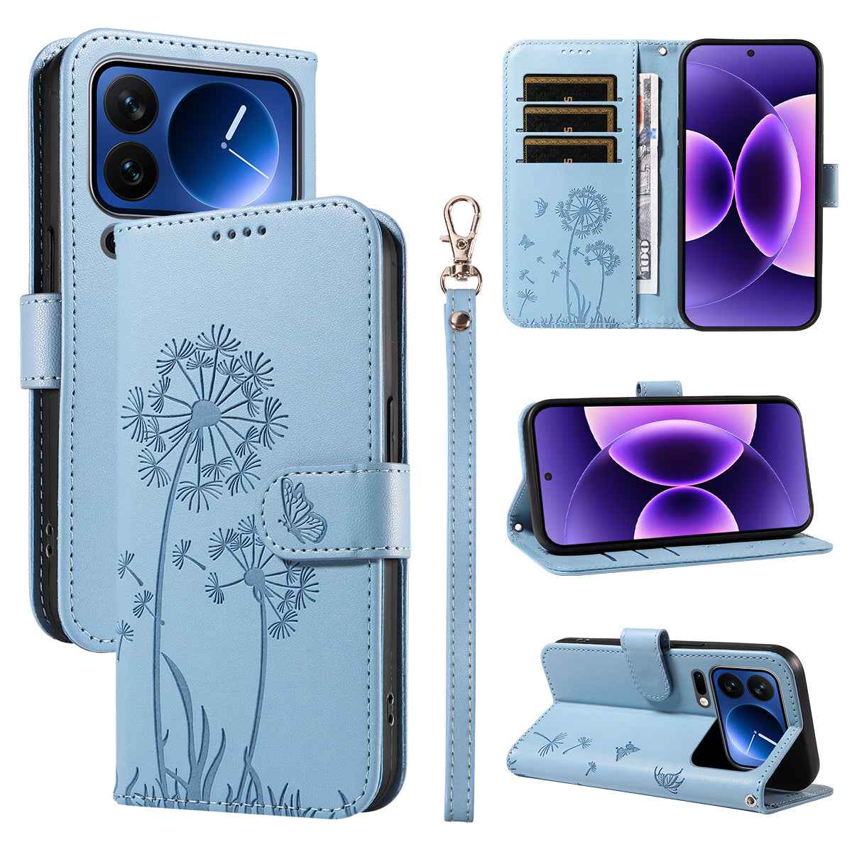 For Xiaomi 17 Pro Leather Wallet Case with Strap Dandelion Imprint Phone Stand Cover - Sky Blue