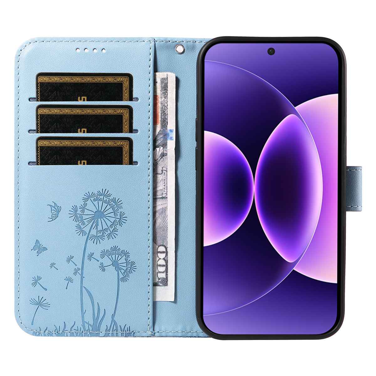 For Xiaomi 17 Pro Leather Wallet Case with Strap Dandelion Imprint Phone Stand Cover - Sky Blue