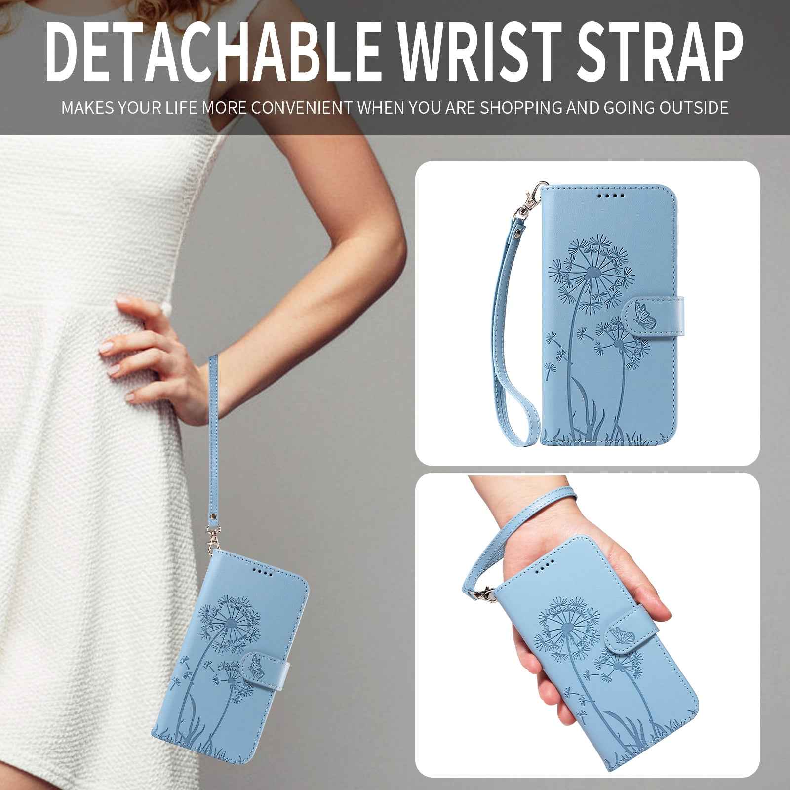 For Xiaomi 17 Pro Leather Wallet Case with Strap Dandelion Imprint Phone Stand Cover - Sky Blue