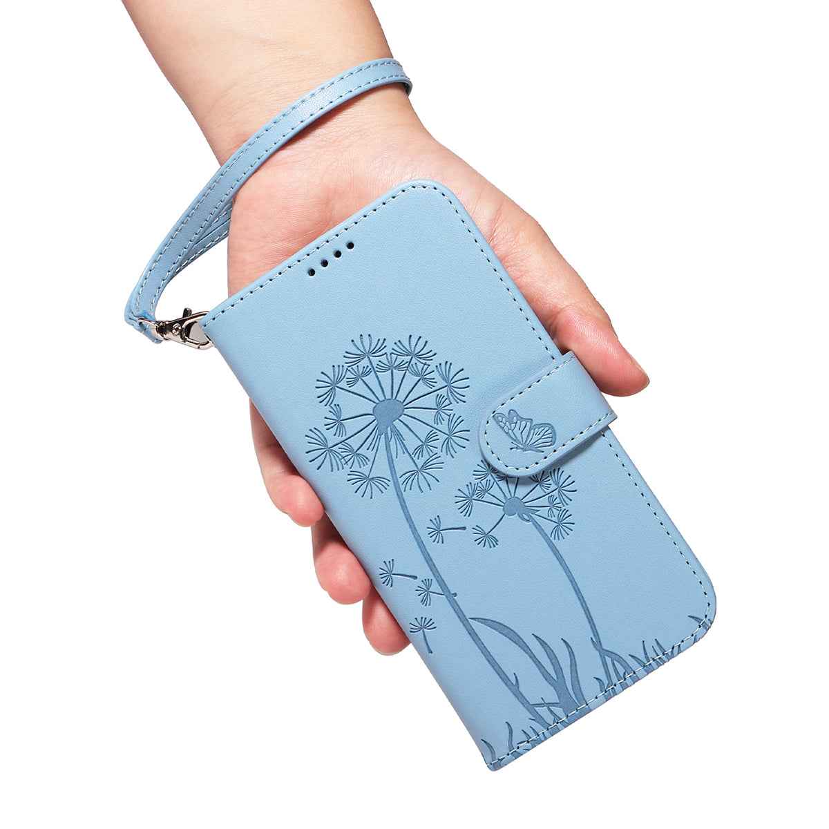 For Xiaomi 17 Pro Leather Wallet Case with Strap Dandelion Imprint Phone Stand Cover - Sky Blue