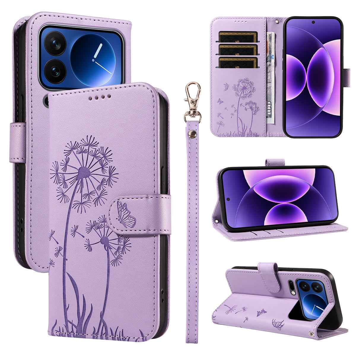 For Xiaomi 17 Pro Leather Wallet Case with Strap Dandelion Imprint Phone Stand Cover - Purple