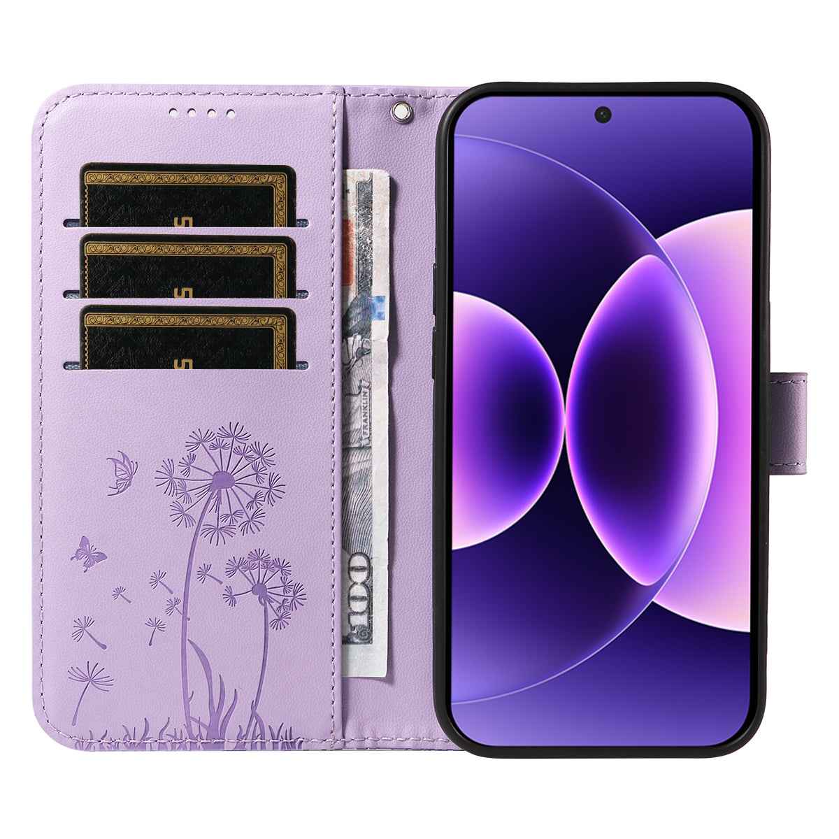 For Xiaomi 17 Pro Leather Wallet Case with Strap Dandelion Imprint Phone Stand Cover - Purple