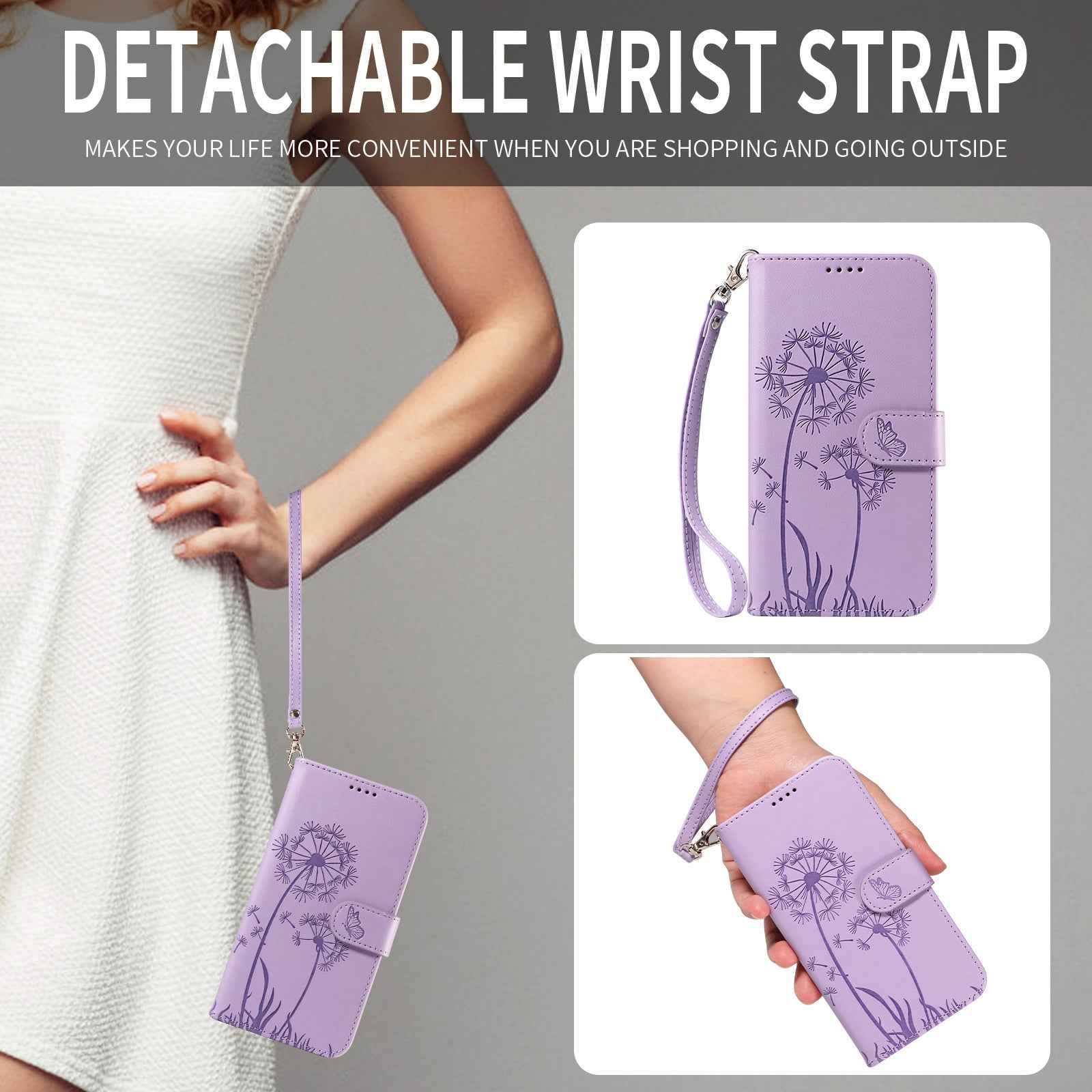 For Xiaomi 17 Pro Leather Wallet Case with Strap Dandelion Imprint Phone Stand Cover - Purple